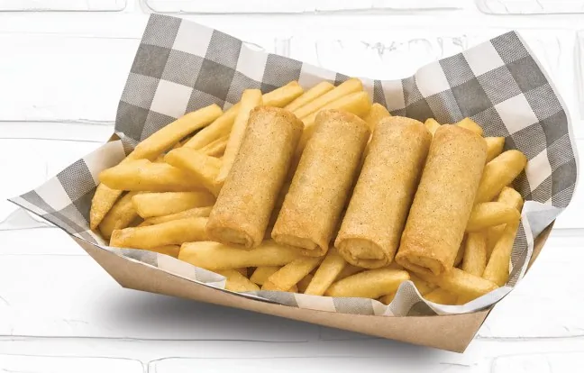 Halloumi spring rolls on a bed of hot chips